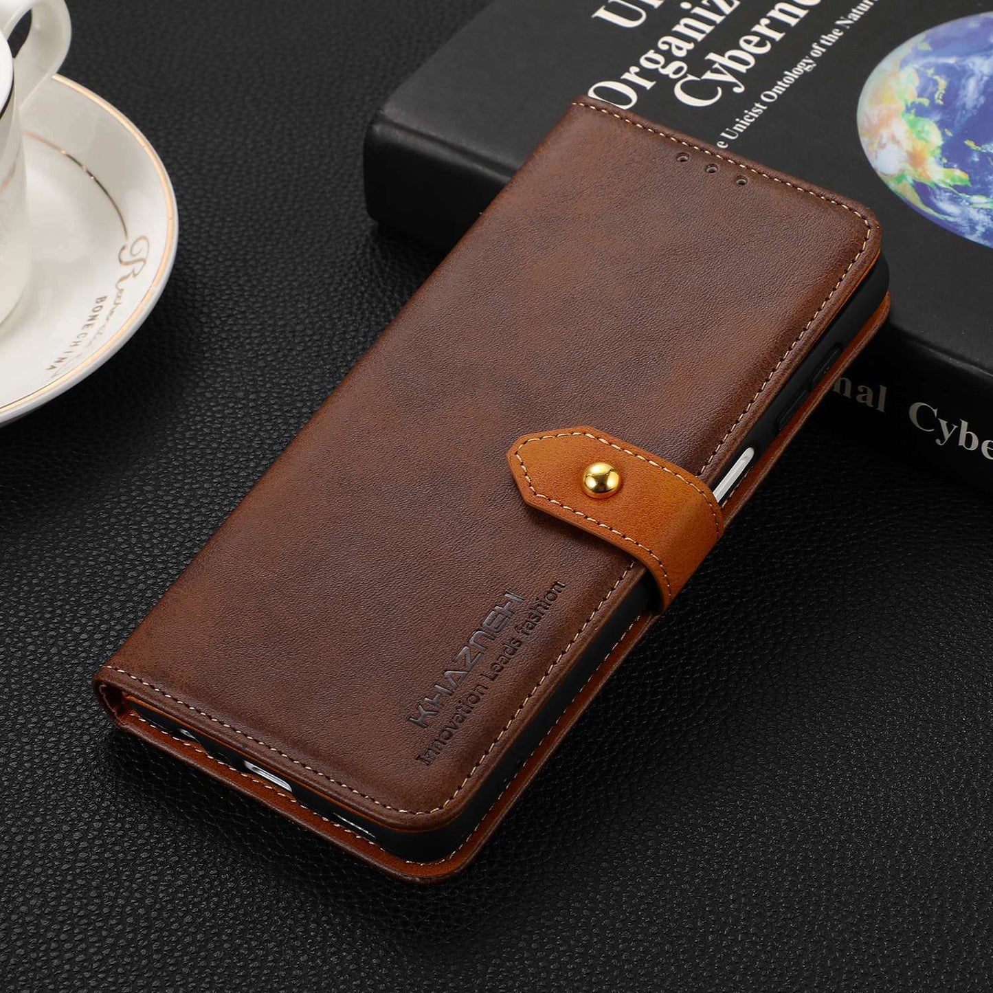 KHAZNEH For Xiaomi Redmi Note 13 4G Leather Case Golden Magnetic Buckle Protective Phone Cover - Brown