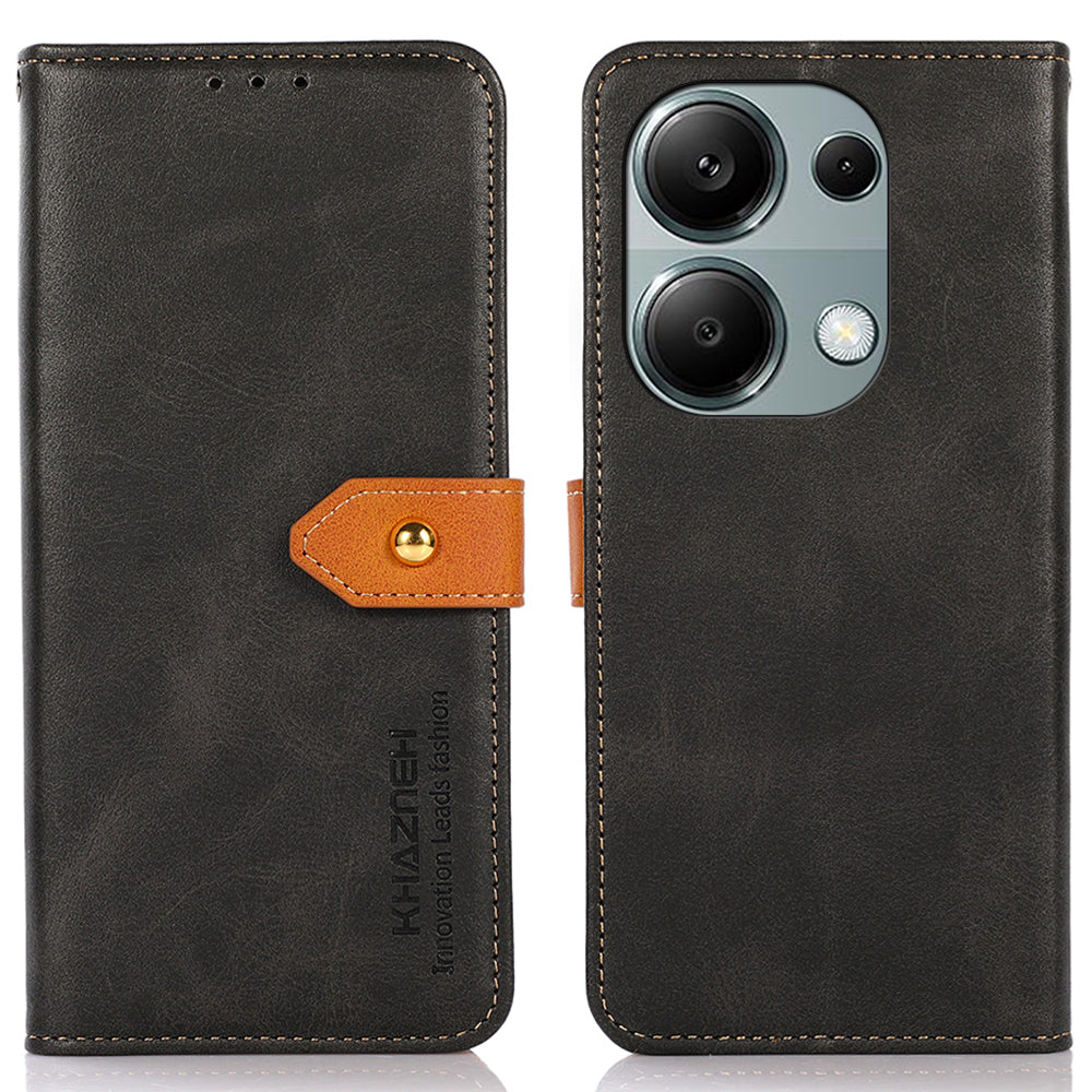 KHAZNEH For Xiaomi Redmi Note 13 4G Leather Case Golden Magnetic Buckle Protective Phone Cover - Black