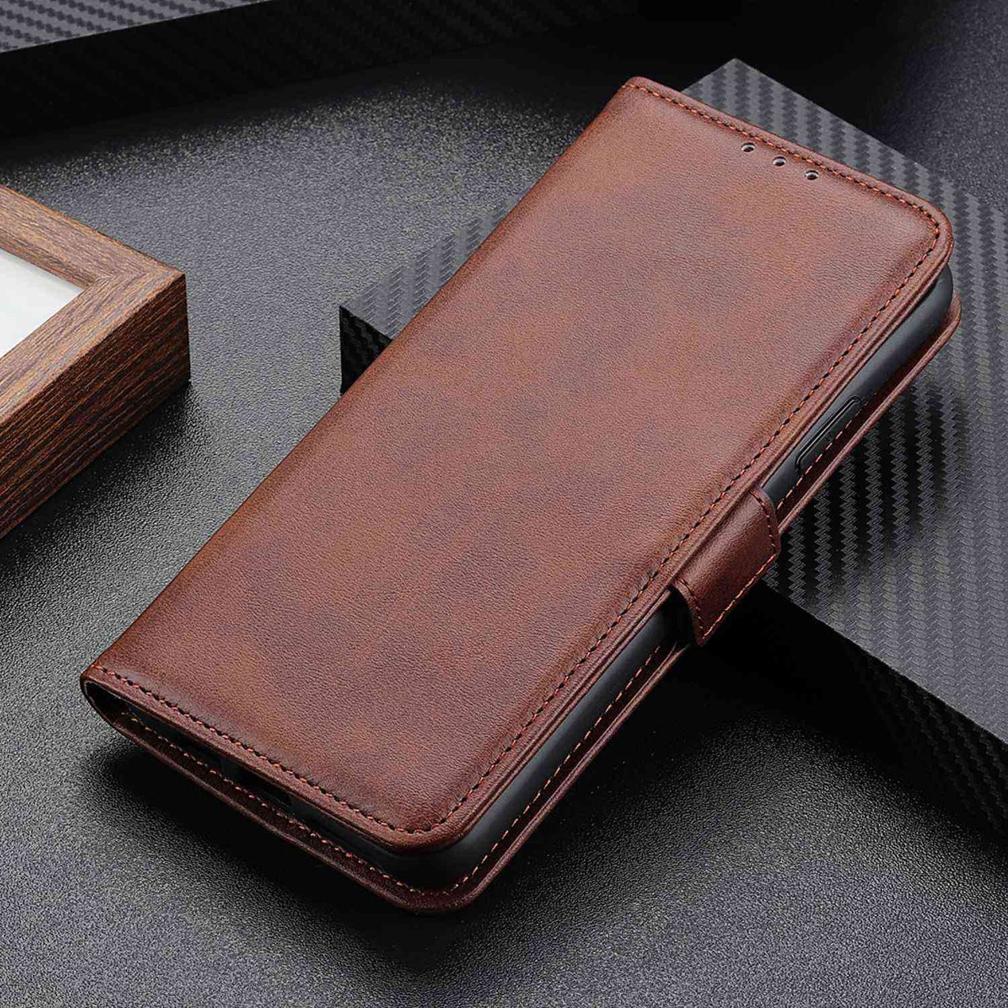 For Xiaomi Redmi Note 13 4G Leather Case Stand Magnetic Closure Flip Cover - Brown