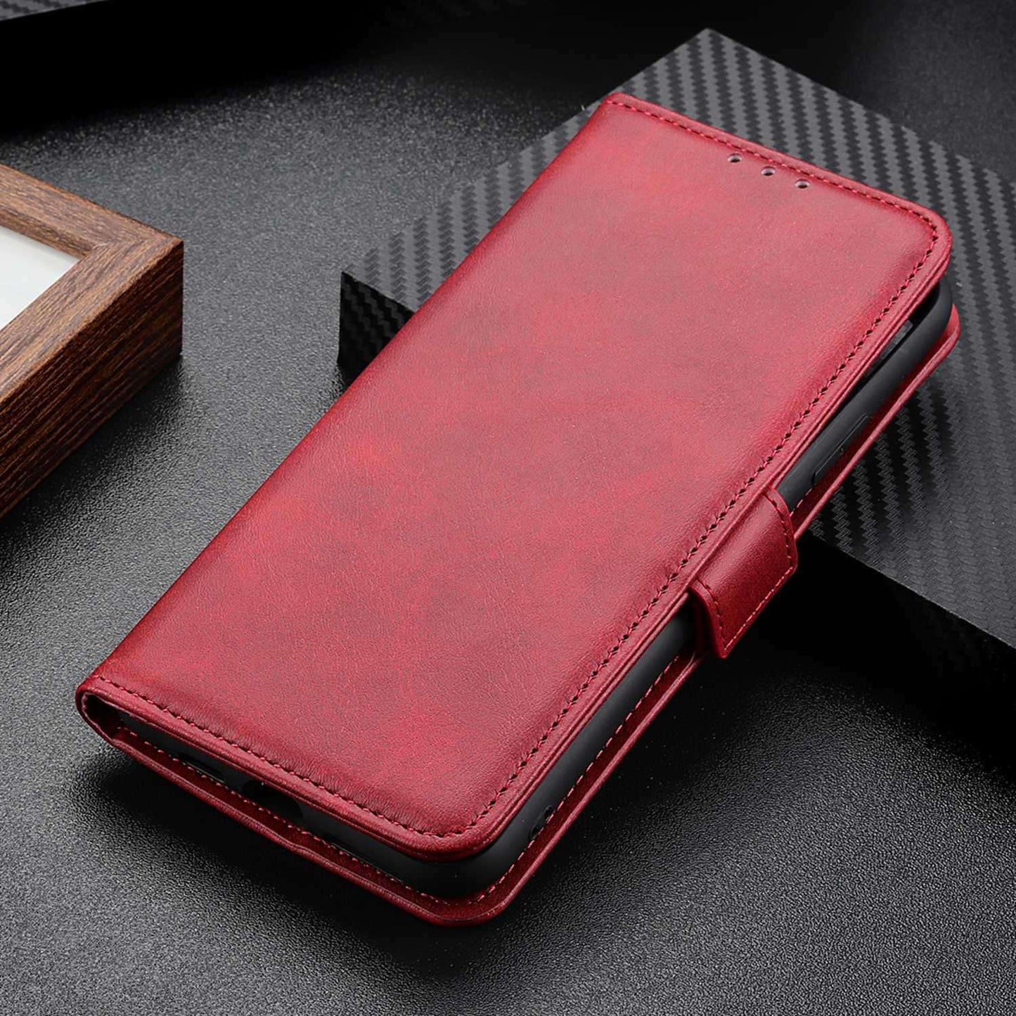 For Xiaomi Redmi Note 13 4G Leather Case Stand Magnetic Closure Flip Cover - Red