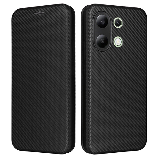 For Xiaomi Redmi Note 13 4G Leather Case Carbon Fiber Texture Phone Cover Magnetic Shock Absorbing - Black