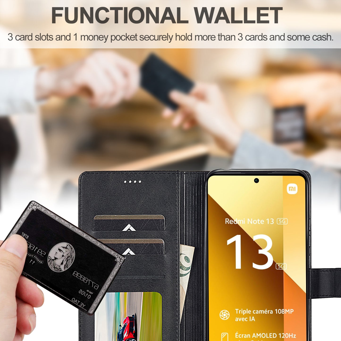 LC.IMEEKE For Xiaomi Redmi Note 13 5G Case Flip Leather Wallet Stand Phone Cover - Black