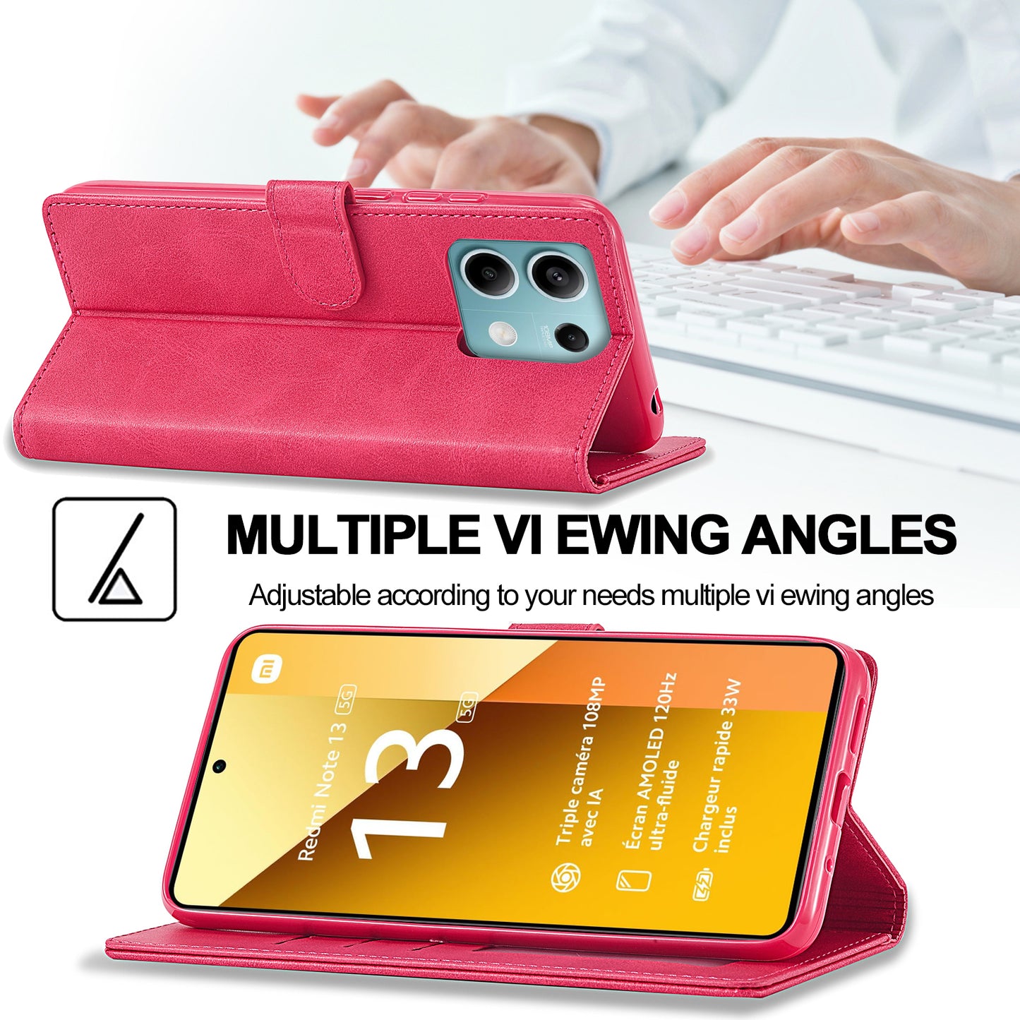 LC.IMEEKE For Xiaomi Redmi Note 13 5G Case Flip Leather Wallet Stand Phone Cover - Rose