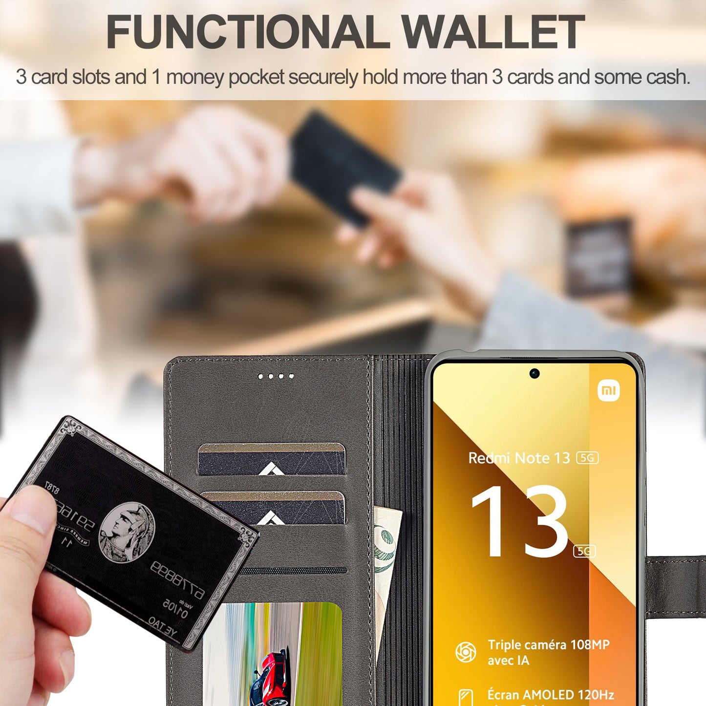 LC.IMEEKE For Xiaomi Redmi Note 13 5G Case Flip Leather Wallet Stand Phone Cover - Grey