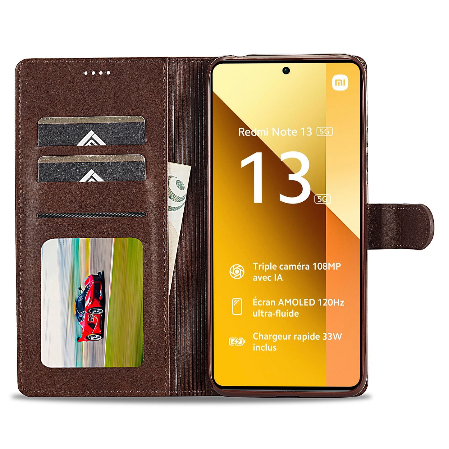 LC.IMEEKE For Xiaomi Redmi Note 13 5G Case Flip Leather Wallet Stand Phone Cover - Brown