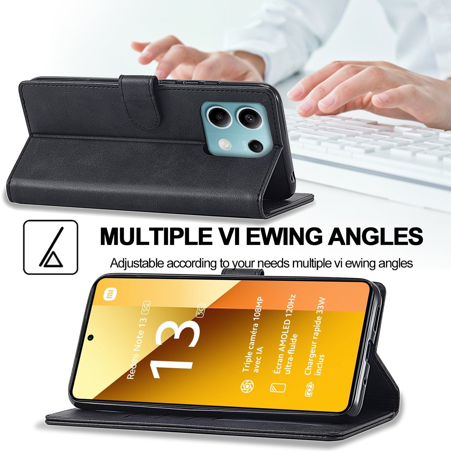 LC.IMEEKE For Xiaomi Redmi Note 13 Pro 5G / Poco X6 5G Case Wallet Stand Calf Texture Leather Phone Cover - Black
