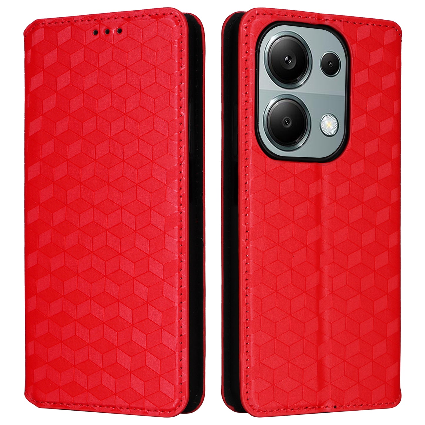 For Xiaomi Redmi Note 13 Pro 4G / Poco M6 Pro 4G Case Rhombus Imprinted Stand View Phone Cover - Red
