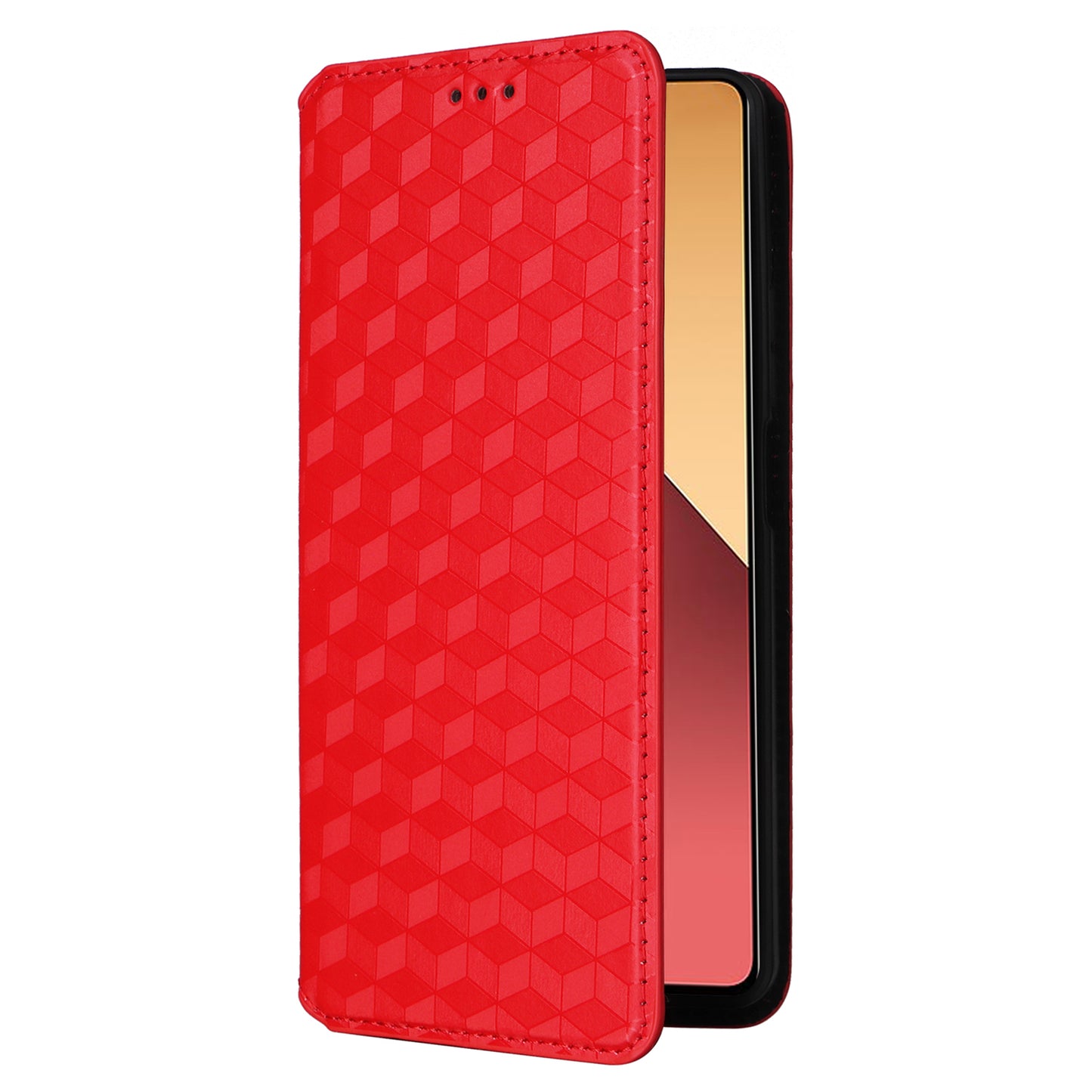 For Xiaomi Redmi Note 13 Pro 4G / Poco M6 Pro 4G Case Rhombus Imprinted Stand View Phone Cover - Red
