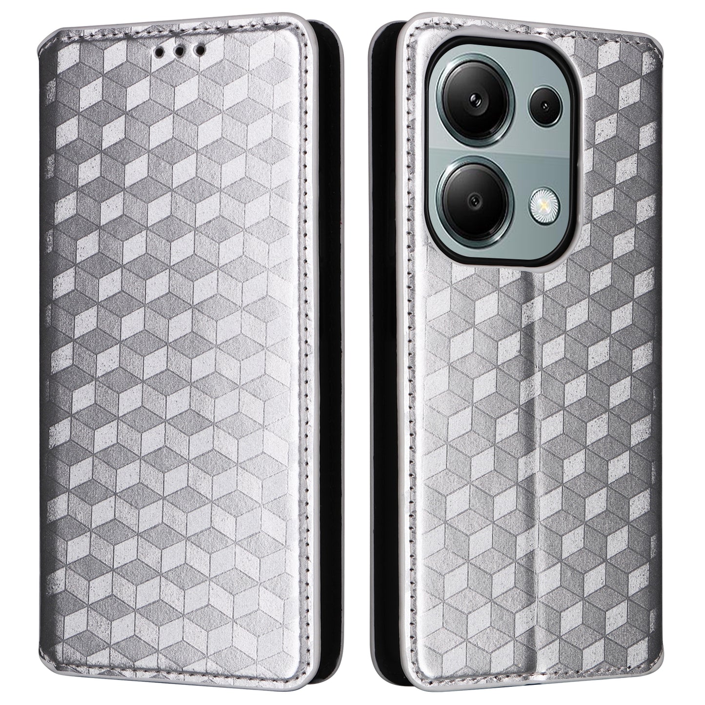 For Xiaomi Redmi Note 13 Pro 4G / Poco M6 Pro 4G Case Rhombus Imprinted Stand View Phone Cover - Silver