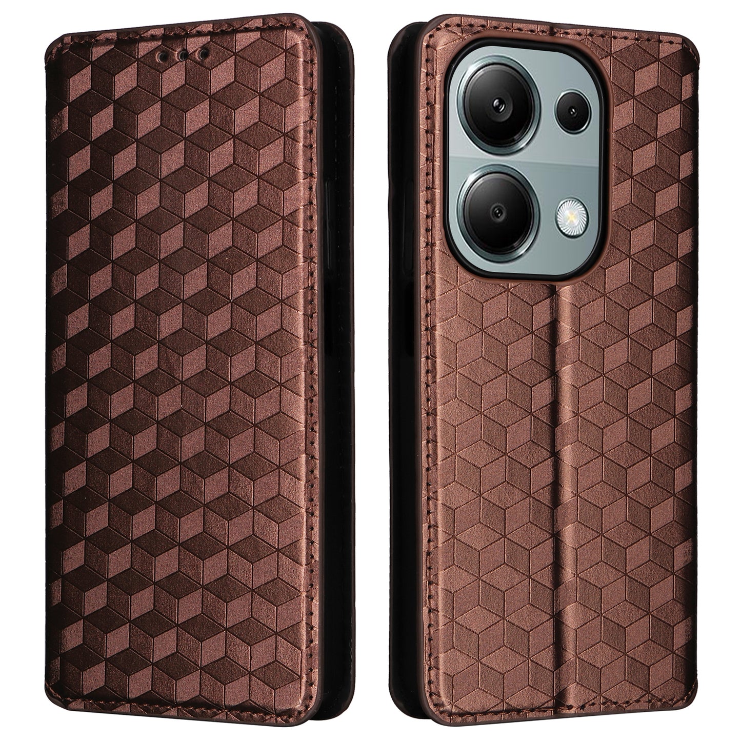 For Xiaomi Redmi Note 13 Pro 4G / Poco M6 Pro 4G Case Rhombus Imprinted Stand View Phone Cover - Brown
