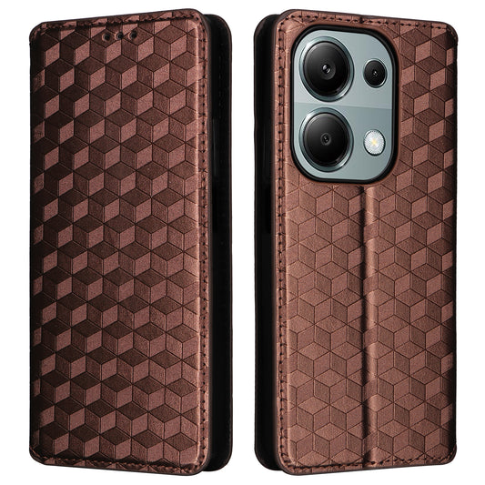 For Xiaomi Redmi Note 13 Pro 4G / Poco M6 Pro 4G Case Rhombus Imprinted Stand View Phone Cover - Brown