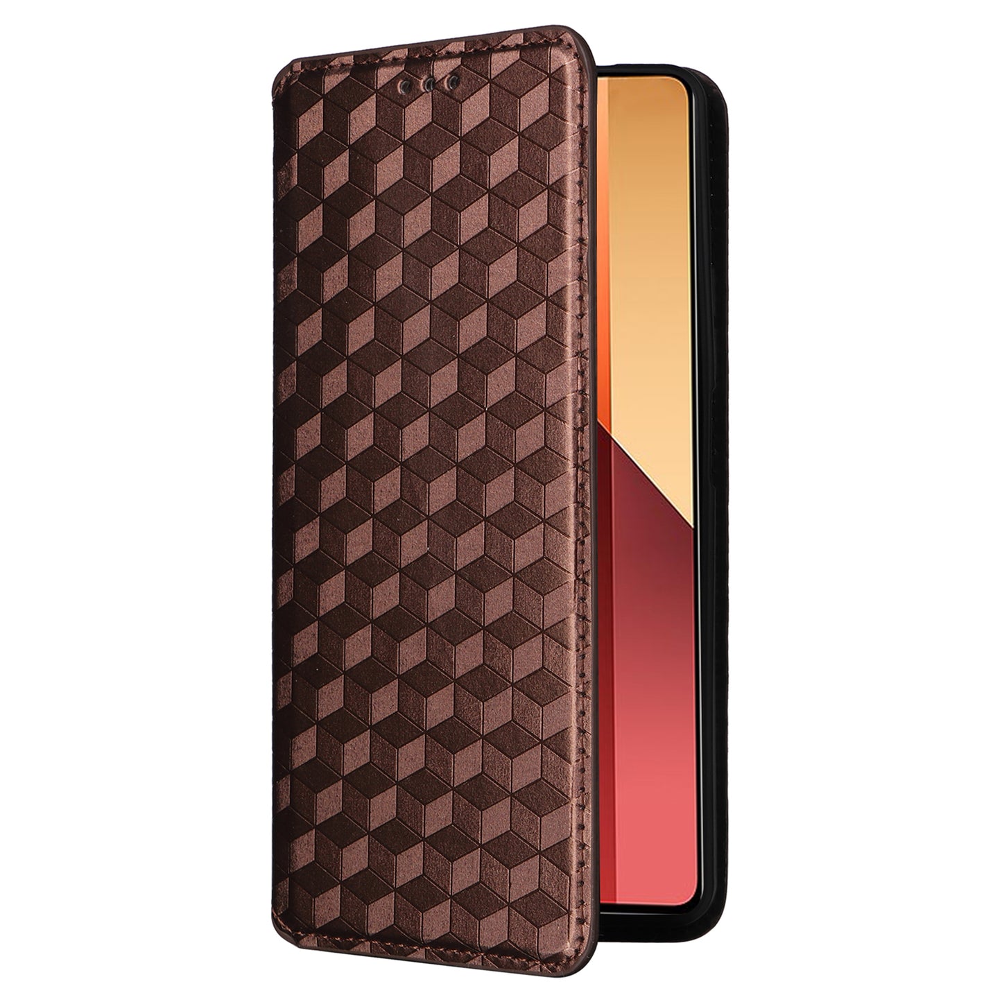 For Xiaomi Redmi Note 13 Pro 4G / Poco M6 Pro 4G Case Rhombus Imprinted Stand View Phone Cover - Brown
