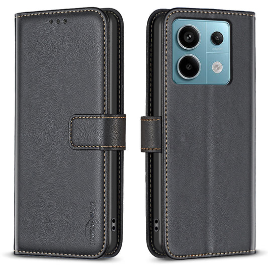 BINFEN COLOR BF17 For Xiaomi Redmi Note 13 Pro 4G / Poco M6 Pro 4G Case Stand Function PU Leather Phone Cover - Black