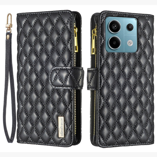 BINFEN COLOR BF Style-15 For Xiaomi Redmi Note 13 Pro 4G / Poco M6 Pro 4G Phone Case Zipper Pocket Leather Cover - Black