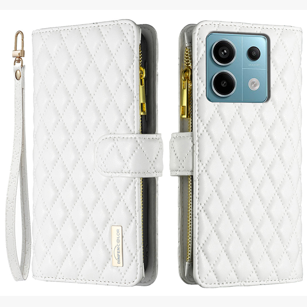 BINFEN COLOR BF Style-15 For Xiaomi Redmi Note 13 Pro 4G / Poco M6 Pro 4G Phone Case Zipper Pocket Leather Cover - White