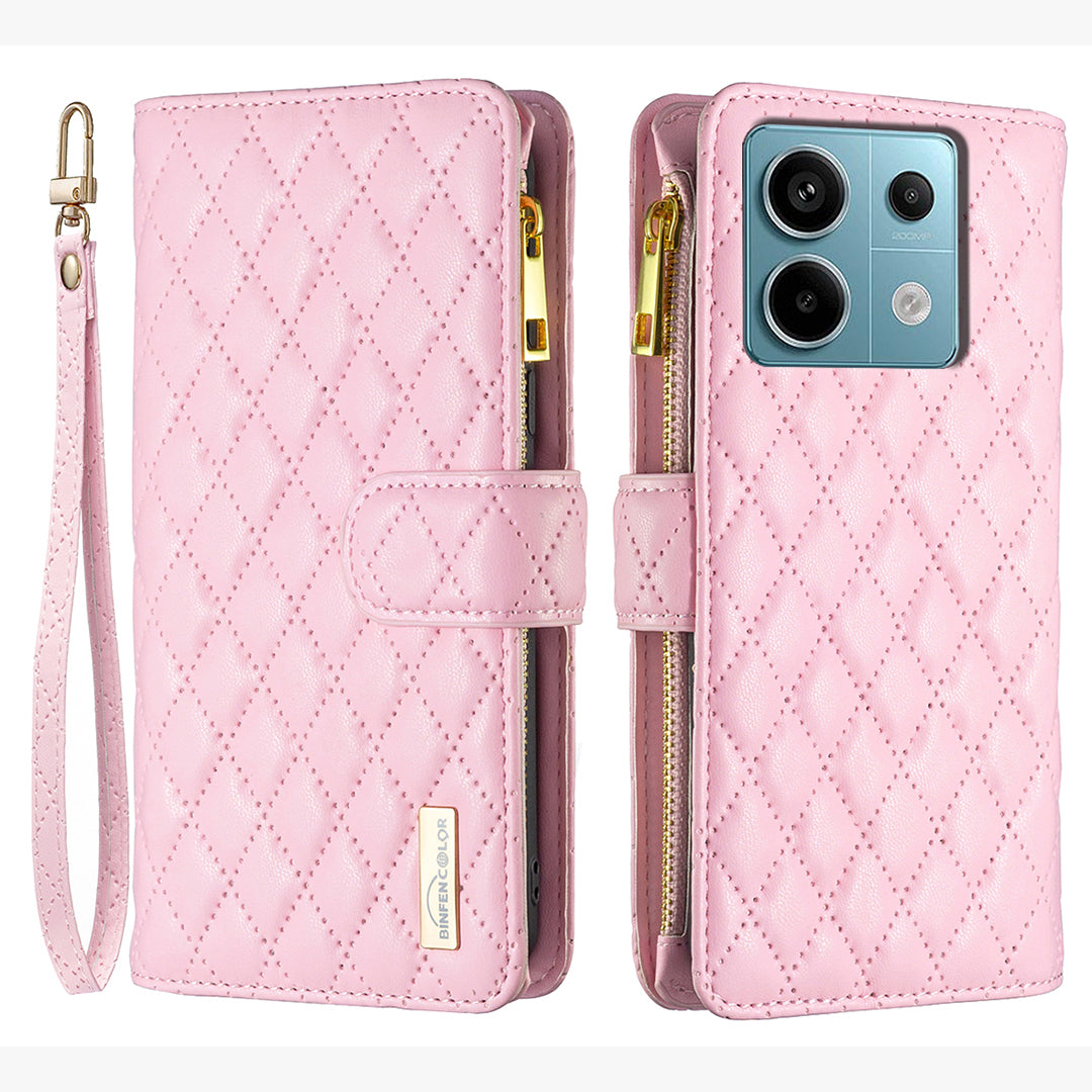 BINFEN COLOR BF Style-15 For Xiaomi Redmi Note 13 Pro 4G / Poco M6 Pro 4G Phone Case Zipper Pocket Leather Cover - Pink