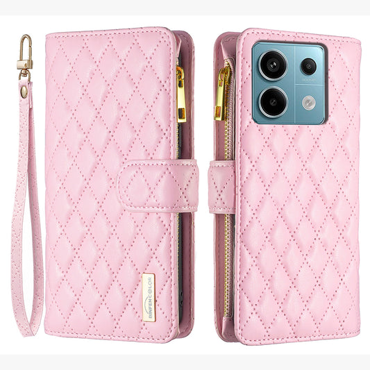 BINFEN COLOR BF Style-15 For Xiaomi Redmi Note 13 Pro 4G / Poco M6 Pro 4G Phone Case Zipper Pocket Leather Cover - Pink