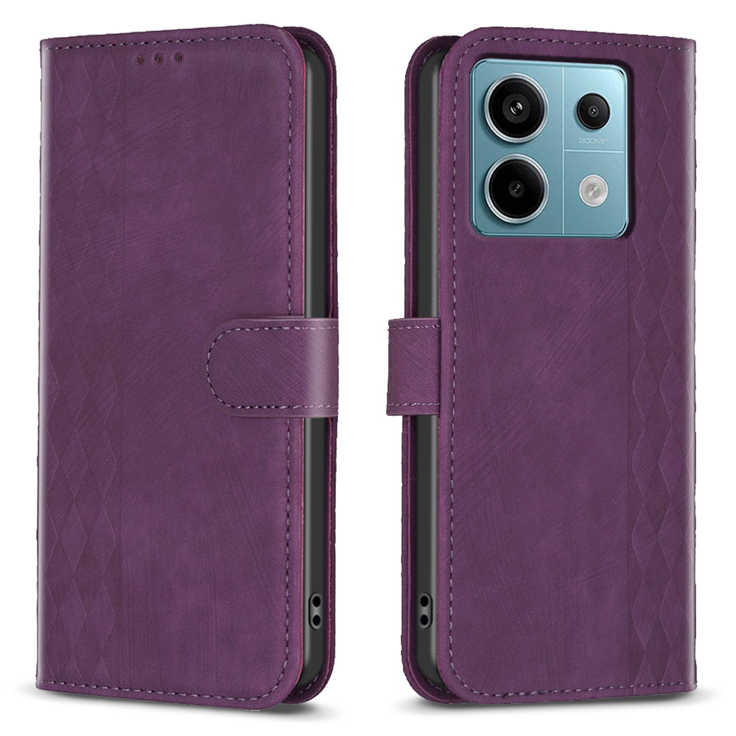 For Xiaomi Redmi Note 13 Pro 4G / Poco M6 Pro 4G Leather Case Flip Phone Cover with TPU Inner Shell Grid Pattern - Purple