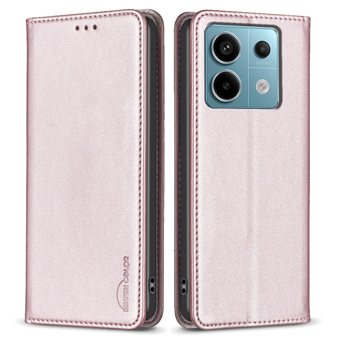 BINFEN COLOR BF18 For Xiaomi Redmi Note 13 Pro 4G / Poco M6 Pro 4G Leather Case with Card Holder Magnetic Auto-absorbed - Rose Gold
