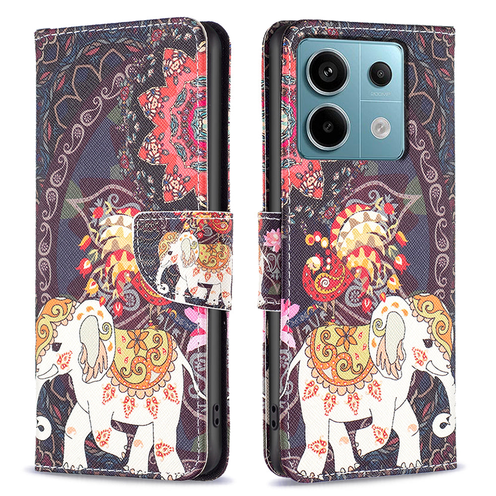 For Xiaomi Redmi Note 13 Pro 4G / Poco M6 Pro 4G Protective Folio Case Pattern Printing Leather Cover - Flower and Elephant