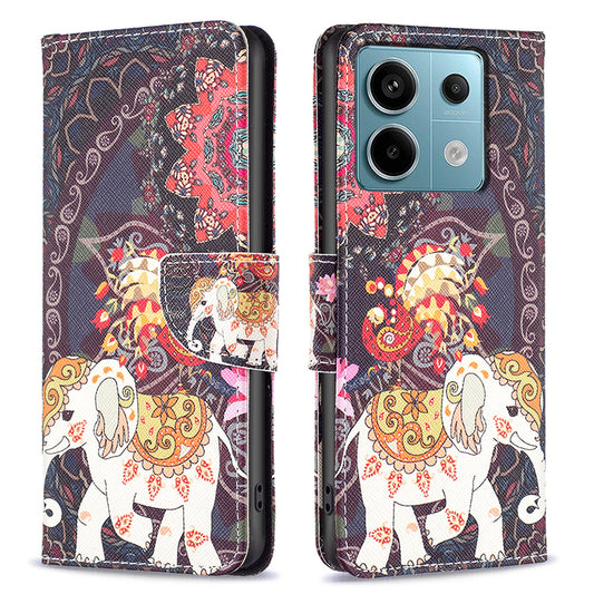 For Xiaomi Redmi Note 13 Pro 4G / Poco M6 Pro 4G Protective Folio Case Pattern Printing Leather Cover - Flower and Elephant