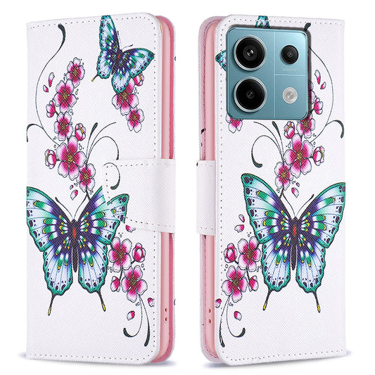 For Xiaomi Redmi Note 13 Pro 4G / Poco M6 Pro 4G Protective Folio Case Pattern Printing Leather Cover - Peach Blossom and Butterflies