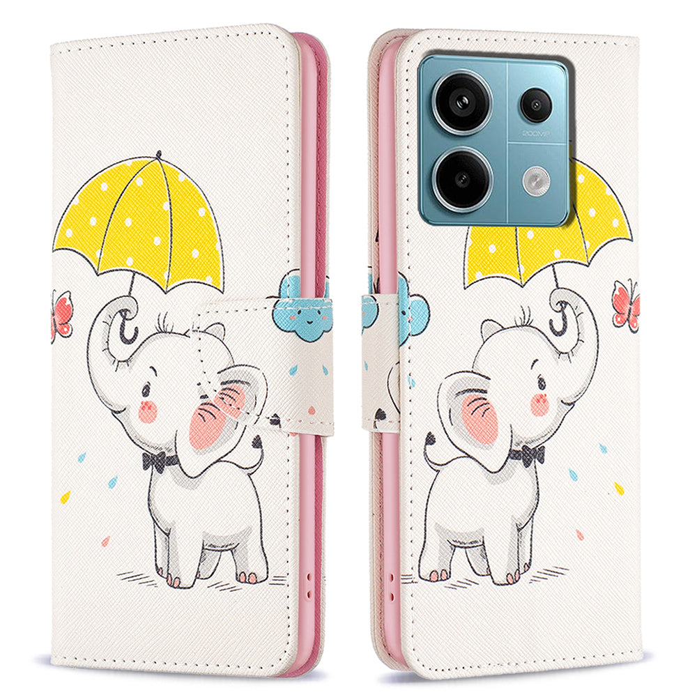 For Xiaomi Redmi Note 13 Pro 4G / Poco M6 Pro 4G Protective Folio Case Pattern Printing Leather Cover - Umbrella and Elephant