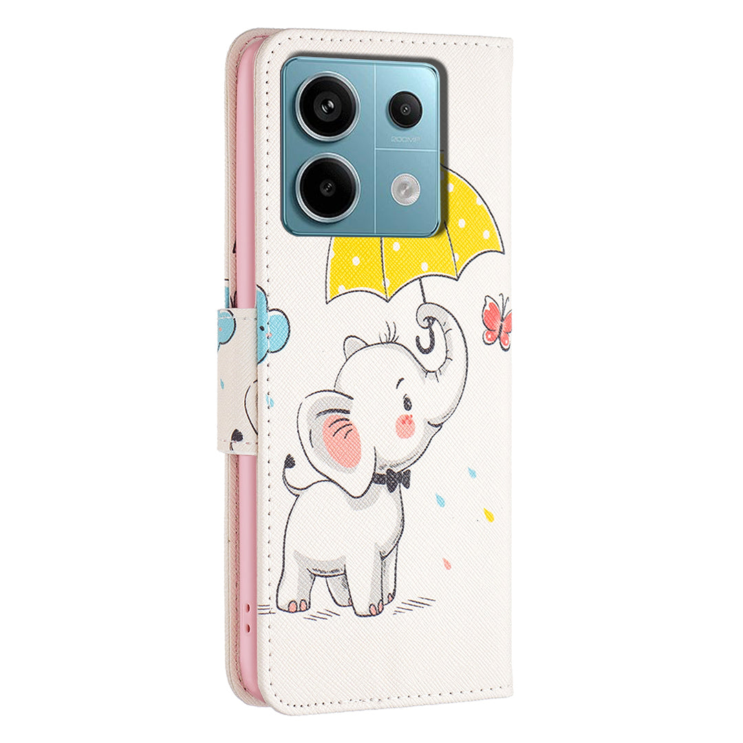 For Xiaomi Redmi Note 13 Pro 4G / Poco M6 Pro 4G Protective Folio Case Pattern Printing Leather Cover - Umbrella and Elephant