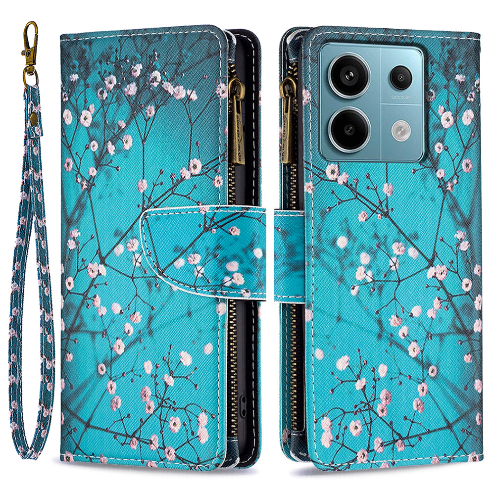 BF03 For Xiaomi Redmi Note 13 Pro 4G / Poco M6 Pro 4G Pattern Case Zipper PU Leather Phone Cover - Plum Blossom