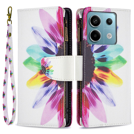 BF03 For Xiaomi Redmi Note 13 Pro 4G / Poco M6 Pro 4G Pattern Case Zipper PU Leather Phone Cover - Sunflower