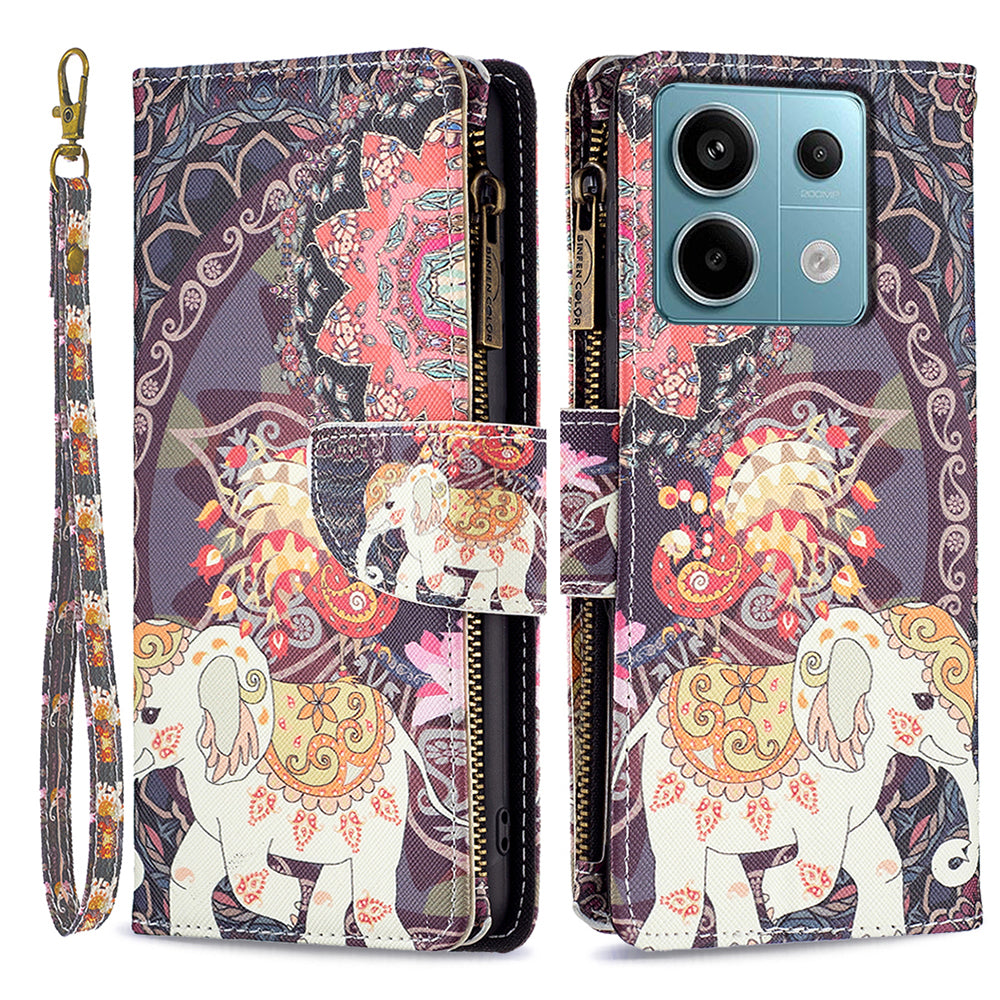 BF03 For Xiaomi Redmi Note 13 Pro 4G / Poco M6 Pro 4G Pattern Case Zipper PU Leather Phone Cover - Flowers and Elephant