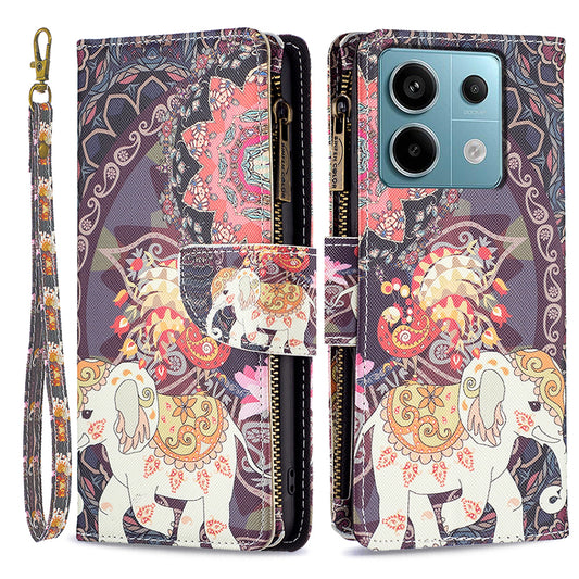 BF03 For Xiaomi Redmi Note 13 Pro 4G / Poco M6 Pro 4G Pattern Case Zipper PU Leather Phone Cover - Flowers and Elephant