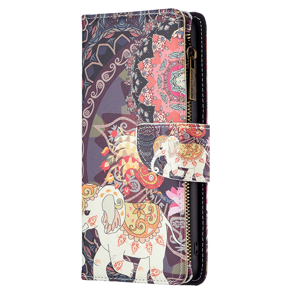 BF03 For Xiaomi Redmi Note 13 Pro 4G / Poco M6 Pro 4G Pattern Case Zipper PU Leather Phone Cover - Flowers and Elephant