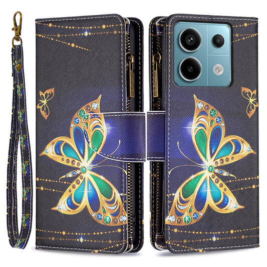 BF03 For Xiaomi Redmi Note 13 Pro 4G / Poco M6 Pro 4G Pattern Case Zipper PU Leather Phone Cover - Rhinestone Butterfly