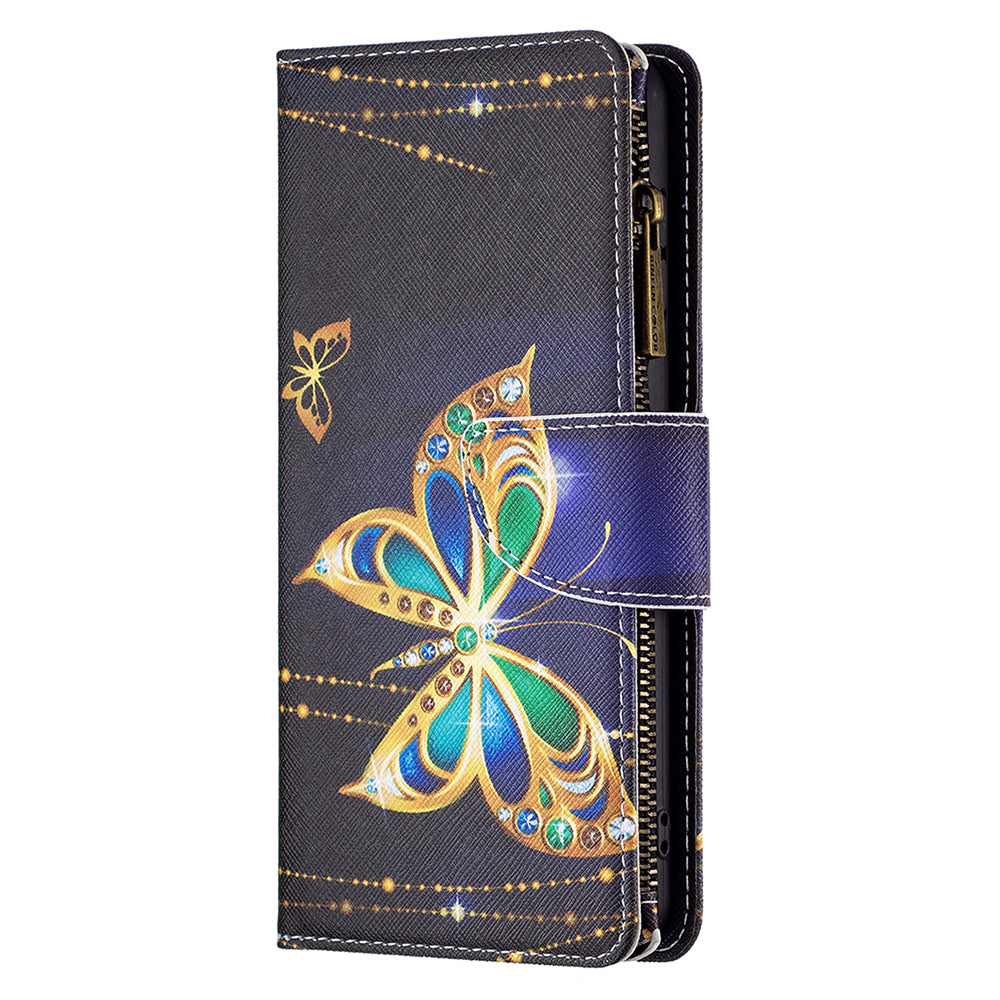 BF03 For Xiaomi Redmi Note 13 Pro 4G / Poco M6 Pro 4G Pattern Case Zipper PU Leather Phone Cover - Rhinestone Butterfly