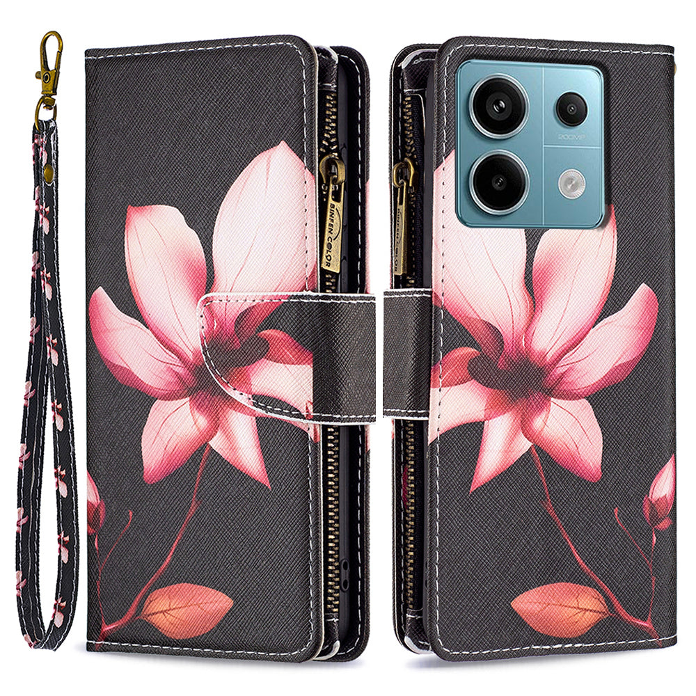 BF03 For Xiaomi Redmi Note 13 Pro 4G / Poco M6 Pro 4G Pattern Case Zipper PU Leather Phone Cover - Lotus