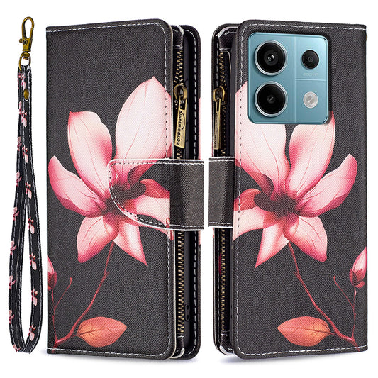 BF03 For Xiaomi Redmi Note 13 Pro 4G / Poco M6 Pro 4G Pattern Case Zipper PU Leather Phone Cover - Lotus