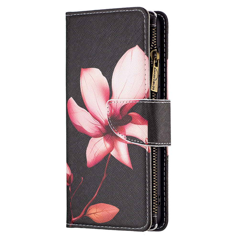 BF03 For Xiaomi Redmi Note 13 Pro 4G / Poco M6 Pro 4G Pattern Case Zipper PU Leather Phone Cover - Lotus