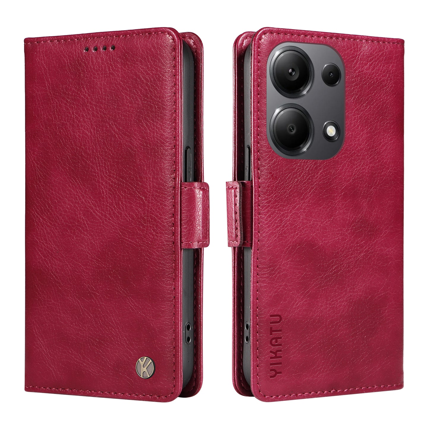 YIKATU YK-007 For Xiaomi Redmi Note 13 Pro 4G / Poco M6 Pro 4G Case Wallet Leather Phone Cover - Wine Red
