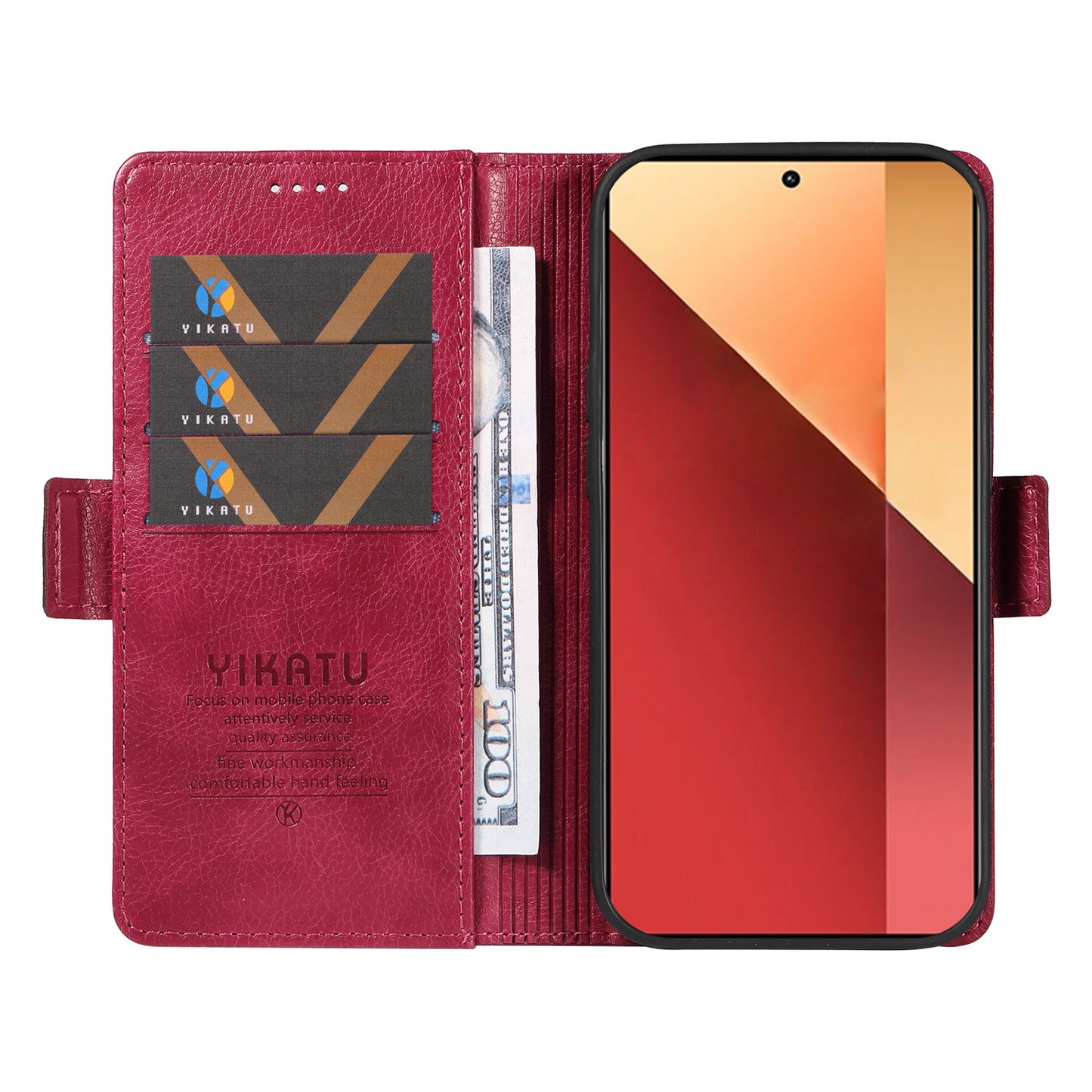 YIKATU YK-007 For Xiaomi Redmi Note 13 Pro 4G / Poco M6 Pro 4G Case Wallet Leather Phone Cover - Wine Red