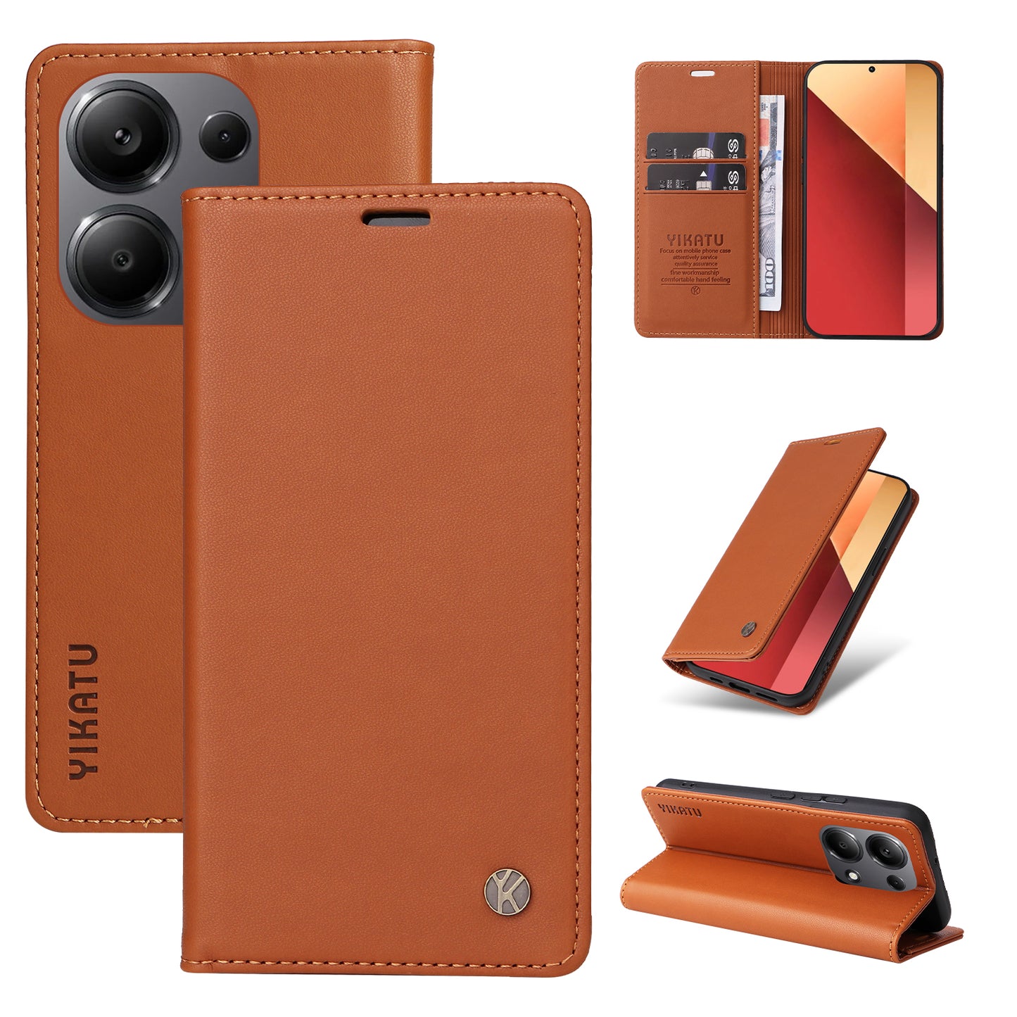 YIKATU YK-001 For Xiaomi Redmi Note 13 Pro 4G / Poco M6 Pro 4G Case Magnetic Absorption PU Leather Cover - Brown