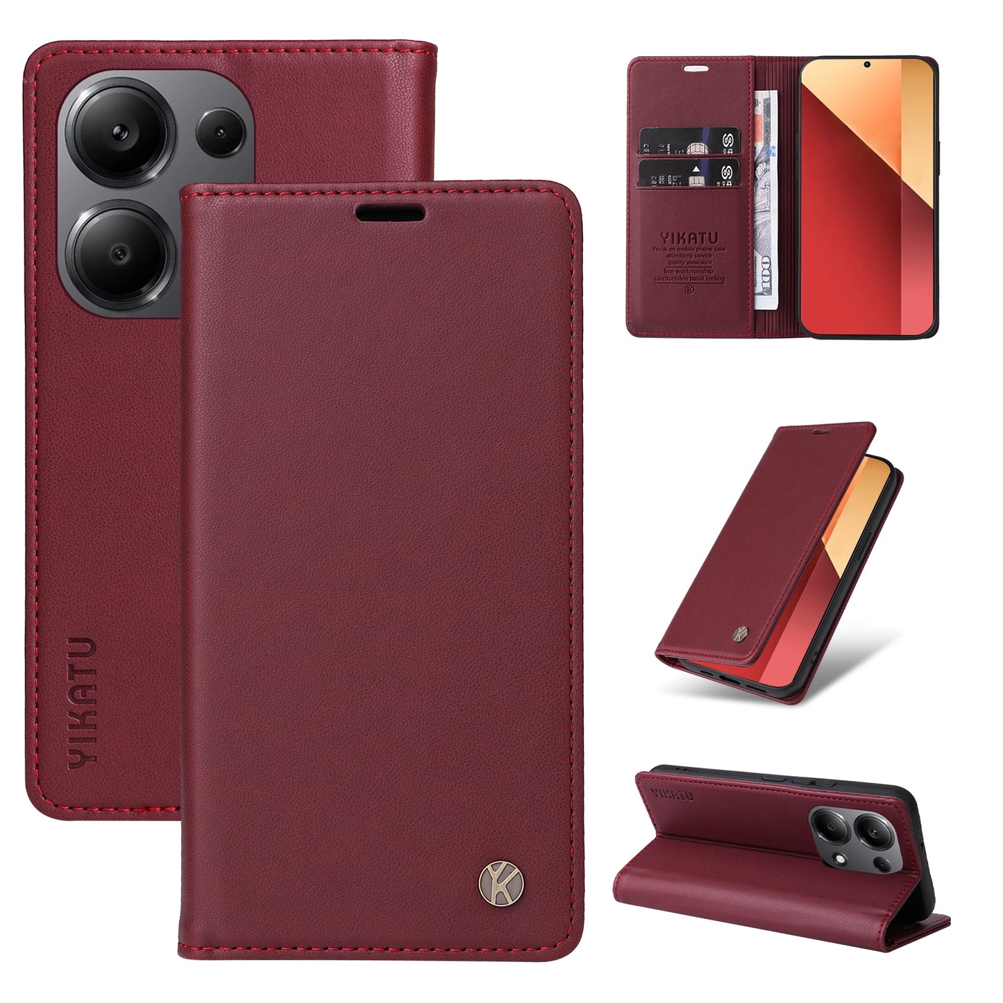 YIKATU YK-001 For Xiaomi Redmi Note 13 Pro 4G / Poco M6 Pro 4G Case Magnetic Absorption PU Leather Cover - Wine Red