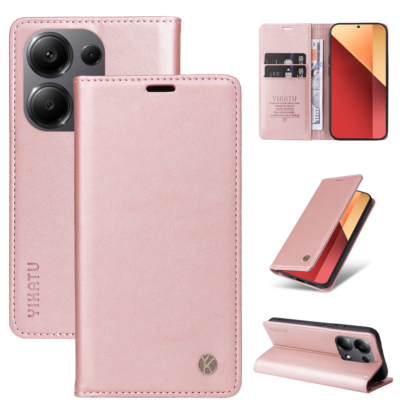 YIKATU YK-001 For Xiaomi Redmi Note 13 Pro 4G / Poco M6 Pro 4G Case Magnetic Absorption PU Leather Cover - Rose Gold