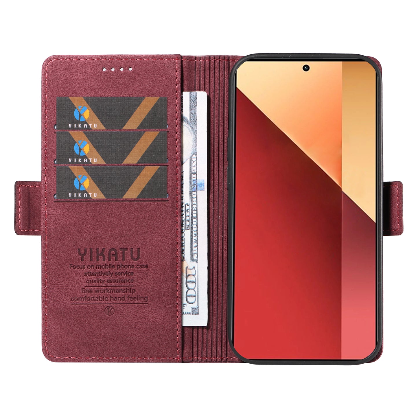 YIKATU YK-005 For Xiaomi Redmi Note 13 Pro 4G / Poco M6 Pro 4G Case Wallet Flip Phone Cover - Wine Red