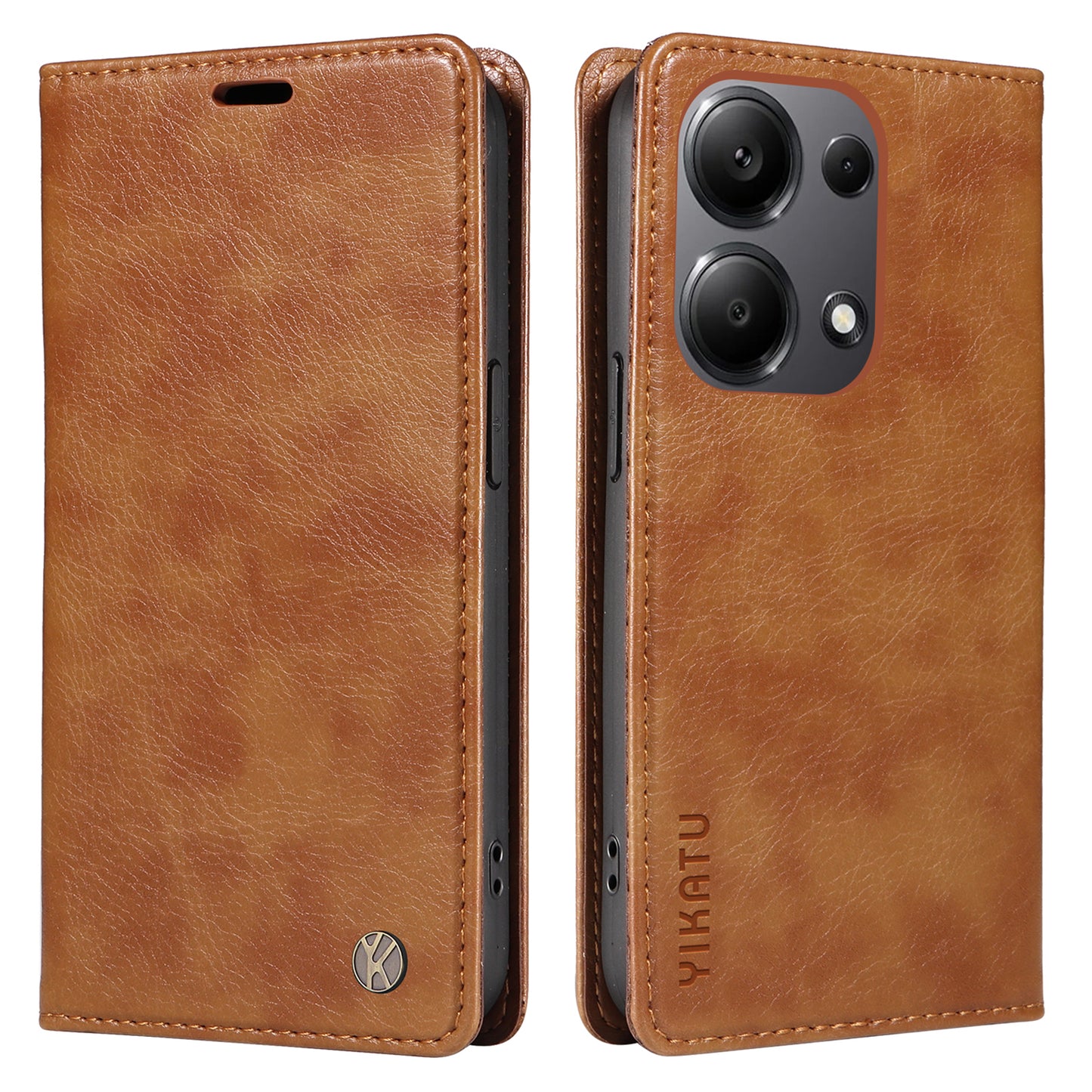YIKATU YK-006 For Xiaomi Redmi Note 13 Pro 4G / Poco M6 Pro 4G Case Flip Wallet Phone Cover Litchi Texture - Brown