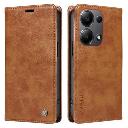 YIKATU YK-006 For Xiaomi Redmi Note 13 Pro 4G / Poco M6 Pro 4G Case Flip Wallet Phone Cover Litchi Texture - Brown