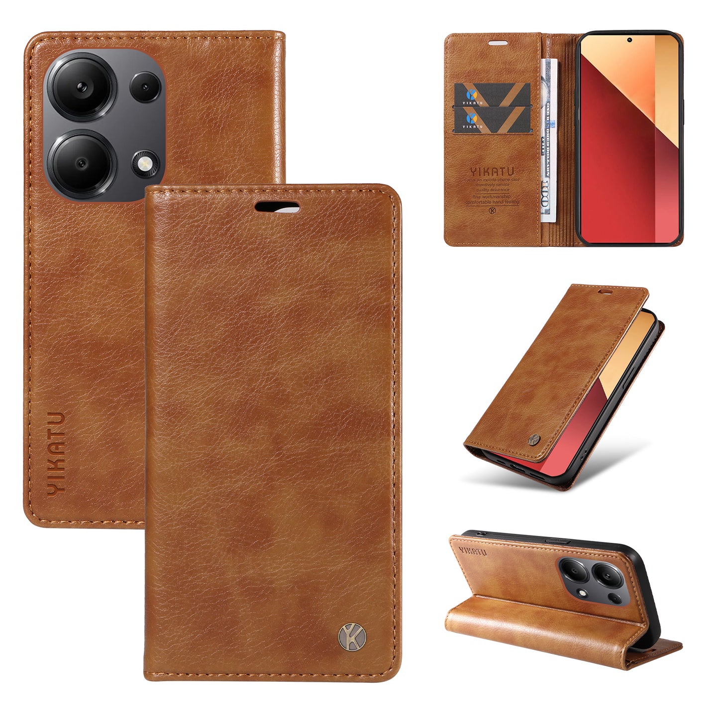 YIKATU YK-006 For Xiaomi Redmi Note 13 Pro 4G / Poco M6 Pro 4G Case Flip Wallet Phone Cover Litchi Texture - Brown