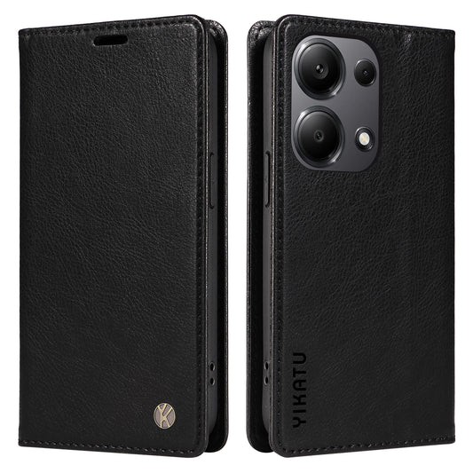 YIKATU YK-006 For Xiaomi Redmi Note 13 Pro 4G / Poco M6 Pro 4G Case Flip Wallet Phone Cover Litchi Texture - Black