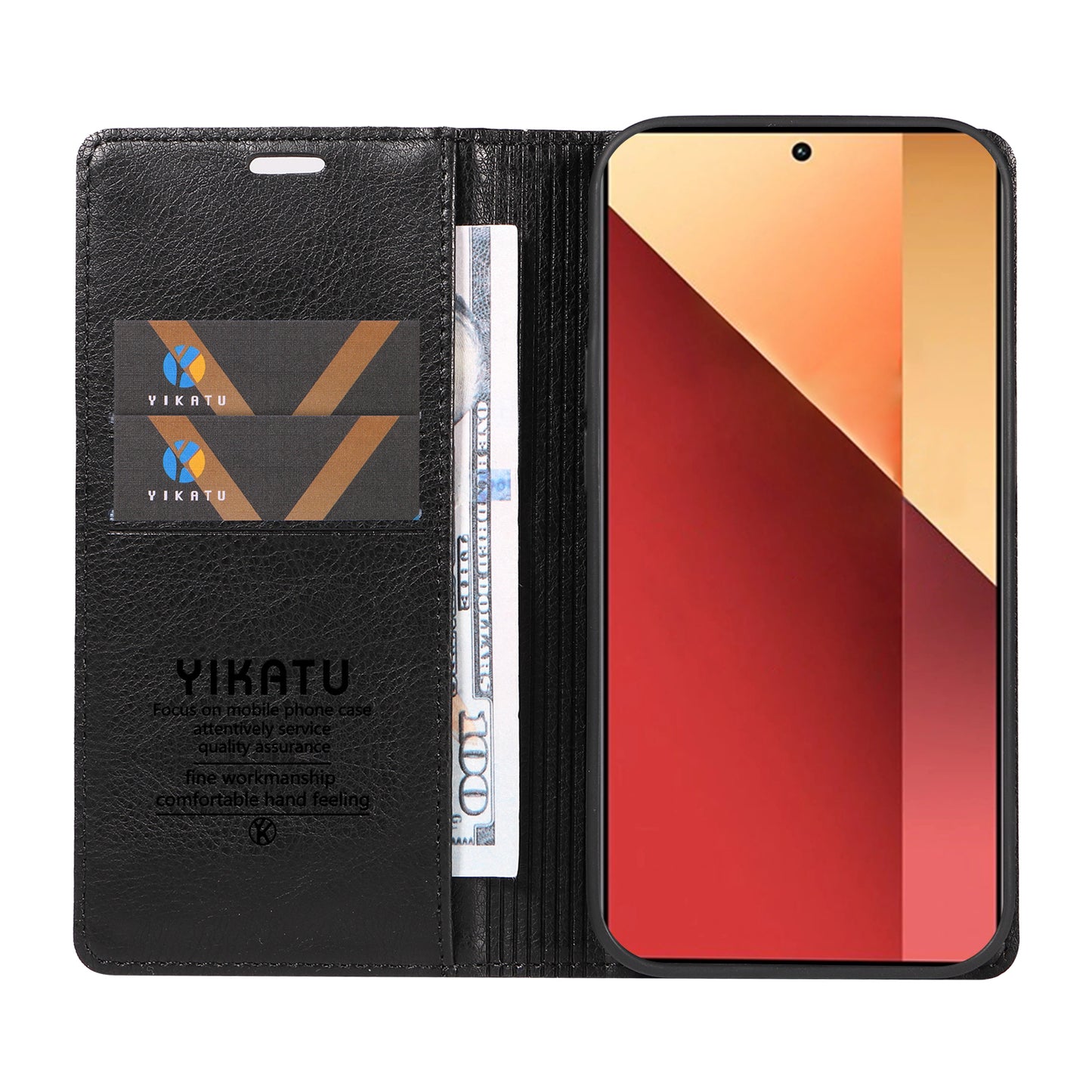 YIKATU YK-006 For Xiaomi Redmi Note 13 Pro 4G / Poco M6 Pro 4G Case Flip Wallet Phone Cover Litchi Texture - Black