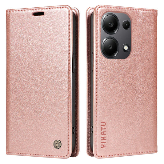 YIKATU YK-006 For Xiaomi Redmi Note 13 Pro 4G / Poco M6 Pro 4G Case Flip Wallet Phone Cover Litchi Texture - Rose Gold
